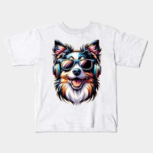 Miniature American Shepherd as Smiling DJ with Headphones Kids T-Shirt